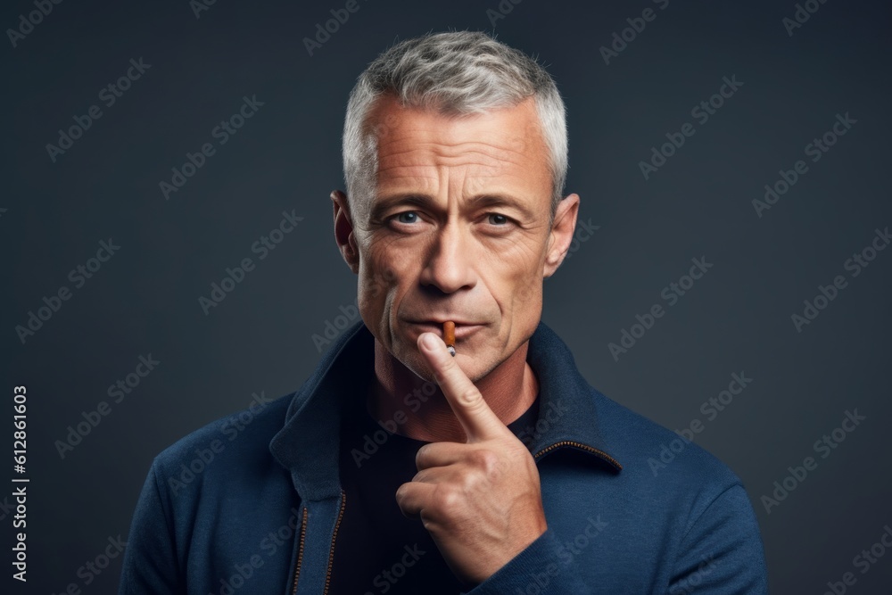 Headshot portrait photography of a glad mature man making a silence gesture by putting the index finger on the lips against a navy blue background. With generative AI technology Headshot portrait photography of a glad mature man making a silence gesture by putting the index finger on the lips against a navy blue background. With generative AI technology