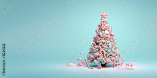 Giant christmas tree decorated with candy cane against pastel blue bakcground. Generative AI.