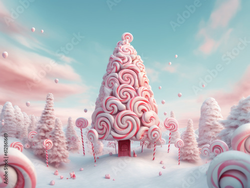 Giant christmas tree in the fairy tale world decorated with candy cane. Generative AI.