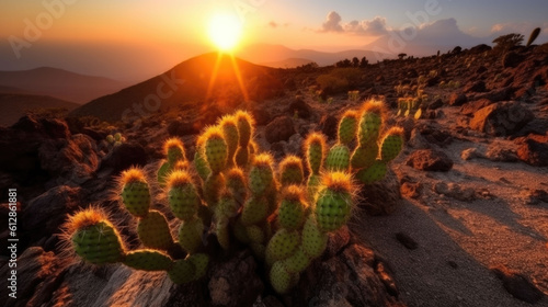 cacti in a desert like in tenerife at sunset. Generative AI
