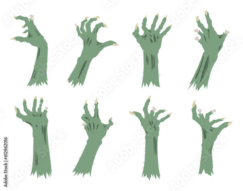 Halloween zombie arms. Spooky monsters, living dead creepy hands. Horror halloween scary hands flat cartoon vector illustration set
