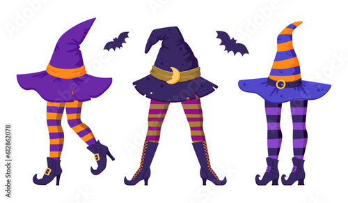 Witch stockings legs and hats. Halloween funny party elements, wizard headwear and witch stockings legs flat vector illustration set