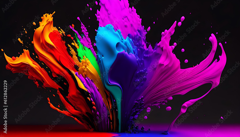 Photo colorful splash of paint on a black background beautiful 3d rendering Photo colorful splash of paint on a black background beautiful 3d rendering