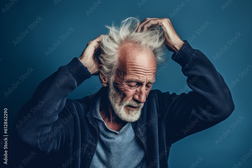 Lifestyle portrait photography of a beautiful old man touching her hair against a navy blue background. With generative AI technology