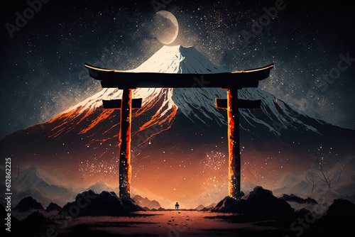 illustration of torii with Fuji mountain and milky way as background