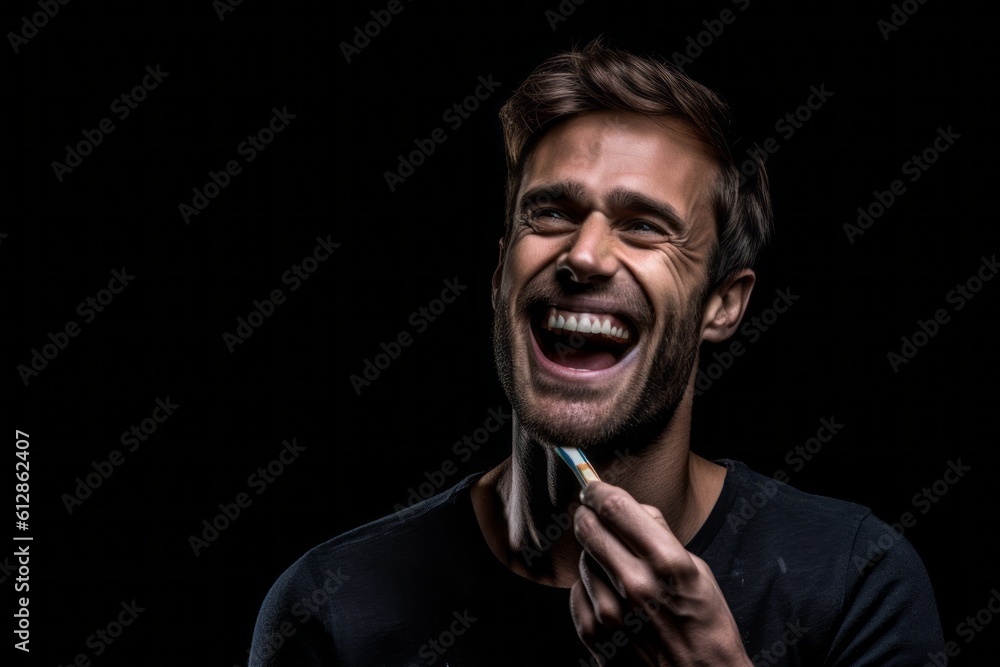 Fototapeta premium Headshot portrait photography of a joyful boy in his 30s brushing her teeth with a toothbrush against a matte black background. With generative AI technology
