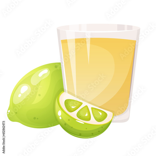 glass of tequila decorated with lime.