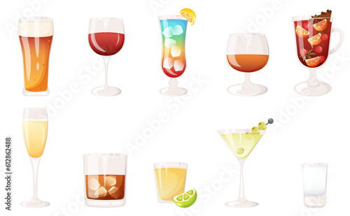 Different type of alcoholic drinks set. Bar drinks menu elements.