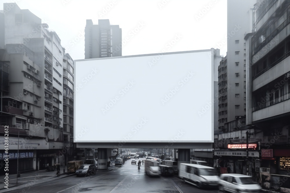 Empty white billboard in futuristic city Generative AI Empty white billboard in futuristic city Generative AI