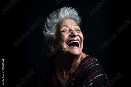 Close-up portrait photography of a happy old woman winking against a matte black background. With generative AI technology © Markus Schröder