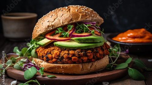 A close-up of a vegan burger made from lentils and sweet potatoes, served on a whole grain bun with fresh toppings.