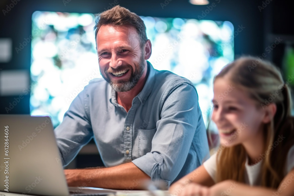 Smiling teacher tutor helping his little girl student in coding program ...