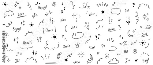 Doodle cute heart, glitter pen line elements. Doodle heart, arrow, star, sparkle decoration symbol set icon. Simple sketch line style emphasis, glitter star, pattern elements. Vector illustration.