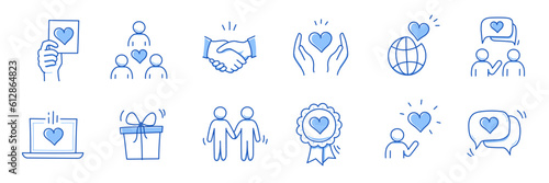 Charity hand, trust community doodle line icon. Charity community, partnership, people solidarity concept icon set. Hand drawn doodle sketch style line. Vector illustration
