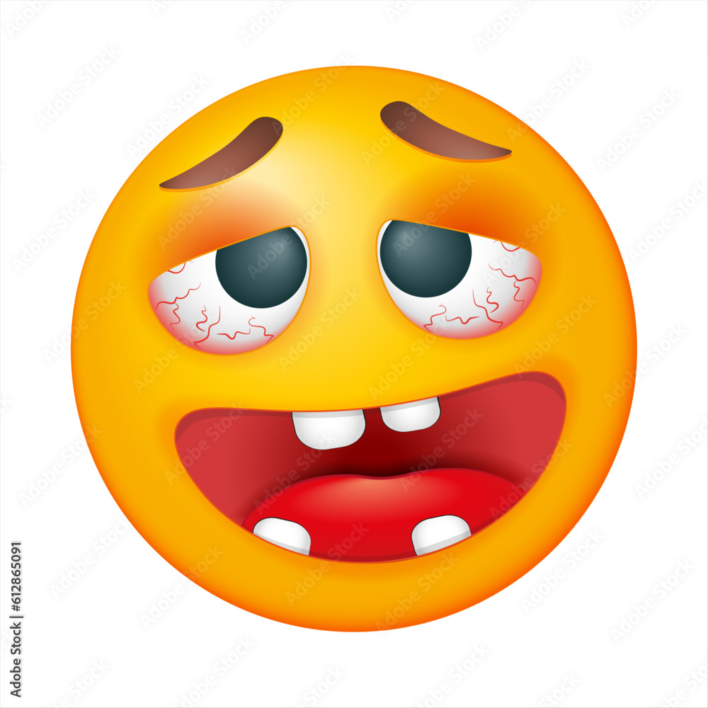 Fototapeta premium Exhausted emoji, overworked on white background. Vector tired emoji. Yellow face. Cute emoticon.