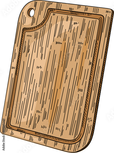 Hand drawn cutting rectangular wooden board. Barbecue serving board. Kitchen utensils sketch. Engraving style.