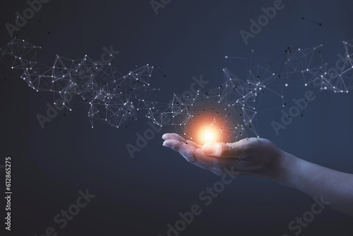 Man hand holding global network connection. Internet communication, Wireless connection technology. Futuristic technology with polygonal shapes.