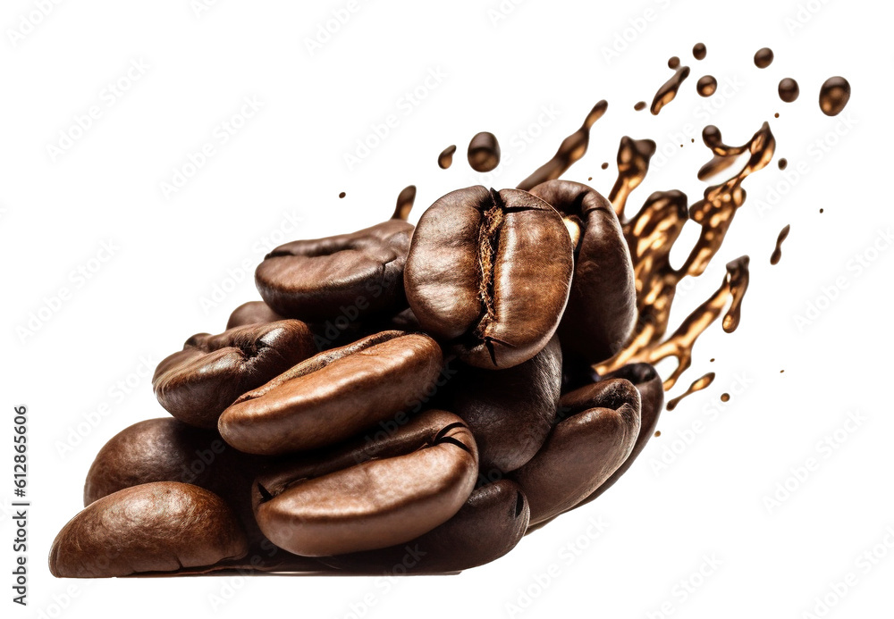 clumps of arabica coffee beans with splashes of coffee water on a