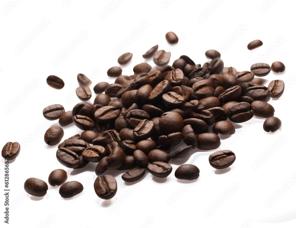 Naklejka premium piles of arabica coffee beans flying randomly from small to large on a transparent background