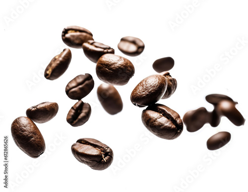 several arabica coffee beans flying randomly from small to large on a transparent background