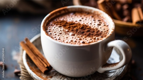 Homemade hot chocolate in a white enamel mug. Generative AI. © Pro Hi-Res