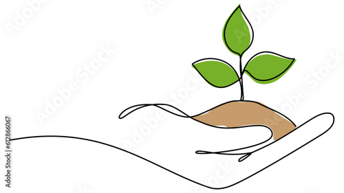 Hand holding leaves continuous line drawing. Plant branch with ground in human arm one line art. Vector illustration isolated on white.