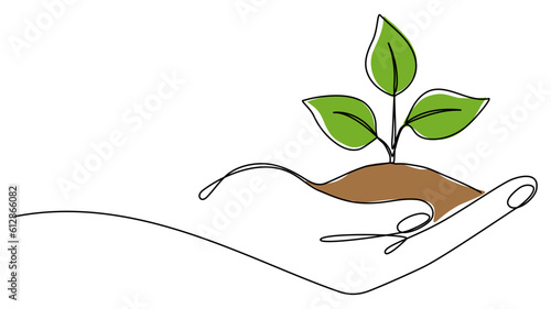 Hand holding leaves continuous line drawing. Plant branch with ground in human arm one line art. Vector illustration isolated on white.