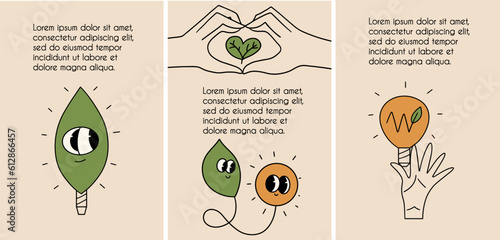 Set of conceptual ESG flyer, brochure in cartoon style. Template collection about environmental, social governance and  sustainability. Vector illustration.