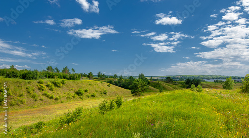 Summer landscape, river floodplain, picturesque shores, bright green grass with wild wildflowers, blue sky with white clouds, summer tender warm days, © Татьяна Мищенко