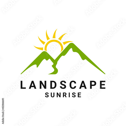 Illustration Vector Graphic Minimalist Landscape Mountain With Sun Logo Design Idea