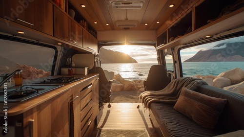 Nice Cozy Interior of a van parked beside a beautiful lake with a mountain © AIPERA
