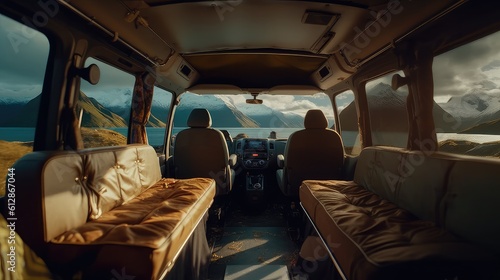 Interior of a van parked beside a beautiful lake © AIPERA