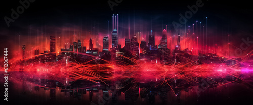 a digital line network and web effect entwined throughout the scene  this futuristic urban panorama invites you to explore a world where technology and creativity converge. generative AI.