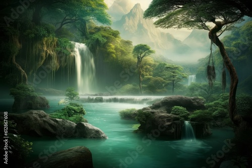 Illustration of beautiful fantasy river in lush jungle with waterfalls, Generative AI