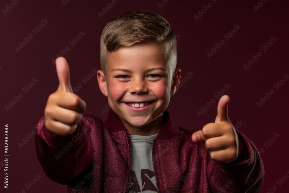 Lifestyle portrait photography of a grinning boy in his 30s making a money gesture rubbing the fingers against a rich maroon background. With generative AI technology Lifestyle portrait photography of a grinning boy in his 30s making a money gesture rubbing the fingers against a rich maroon background. With generative AI technology