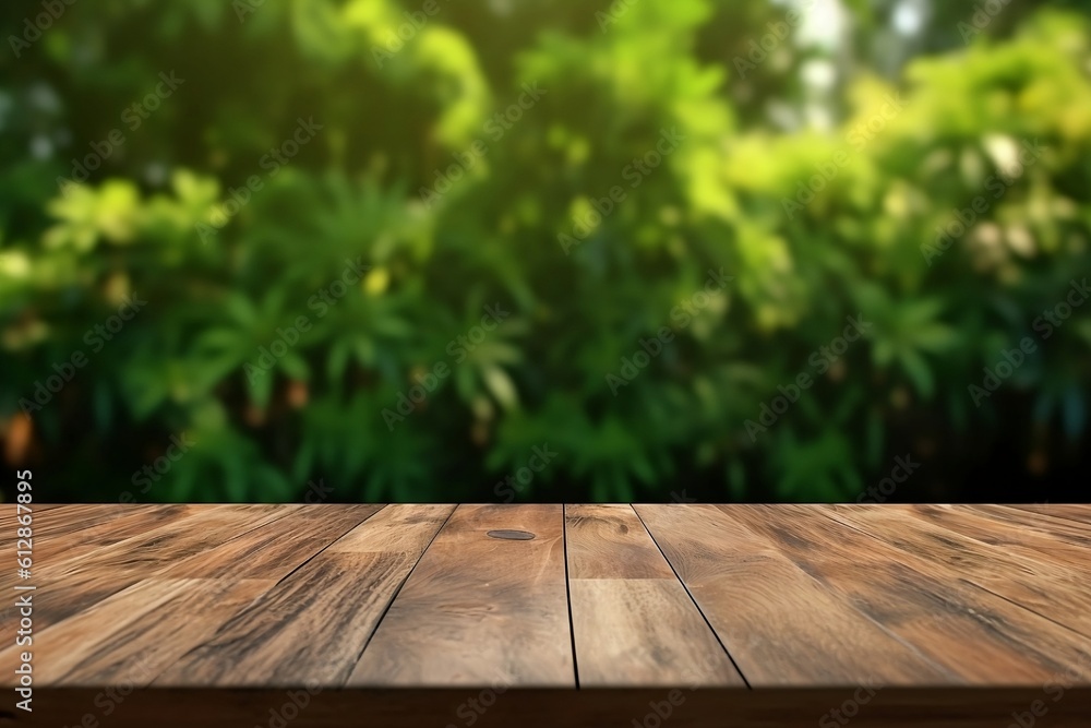 Wood table top on blur green background of plants in the park, panoramic banner, generative ai