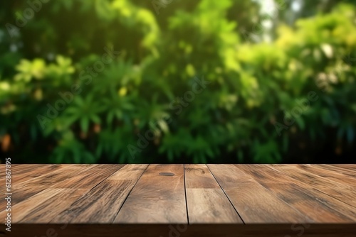 Wood table top on blur green background of plants in the park  panoramic banner  generative ai