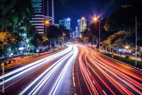 abstract long exposure dynamic speed light trails in an urban environment. Generative ai © Sattawat