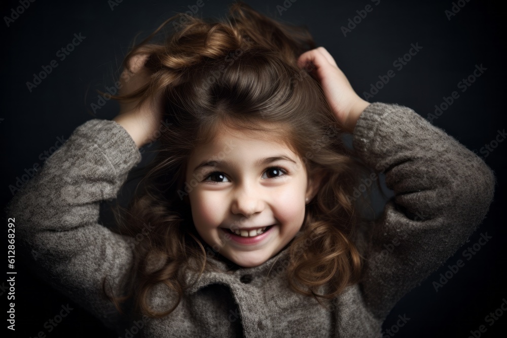 Medium shot portrait photography of a happy kid female scratching head in gesture of confusion against a dark grey background. With generative AI technology Medium shot portrait photography of a happy kid female scratching head in gesture of confusion against a dark grey background. With generative AI technology