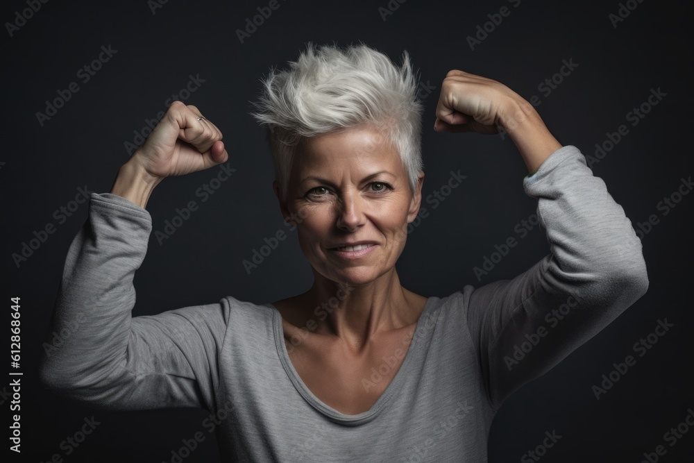 Lifestyle portrait photography of a tender mature woman making a i'm strong gesture showing muscles against a dark grey background. With generative AI technology
