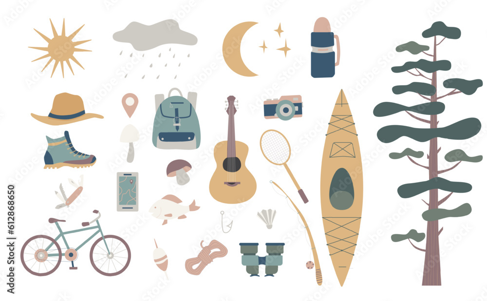 Set of doodle forest camping design elements. Hand drawn hiking and camping doodles perfect for summer camp flyers and posters. Set of doodle forest camping design elements. Hand drawn hiking and camping doodles perfect for summer camp flyers and posters.