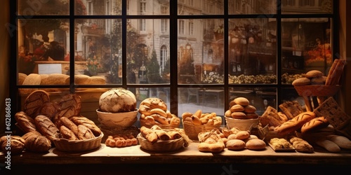 Fresh Bread in Bakery Shop Window -ai generated