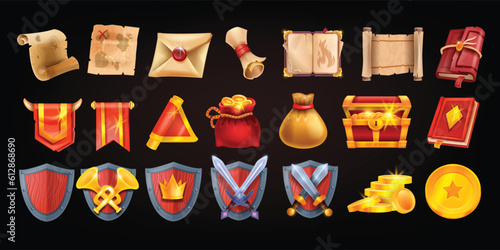Fantasy game icon set, dungeon dragon UI medieval RPG object, magic parchment book, royal flag. Golden treasure chest, coin pile, wooden knight shield, sword, envelope, old map. Fantasy casino icon