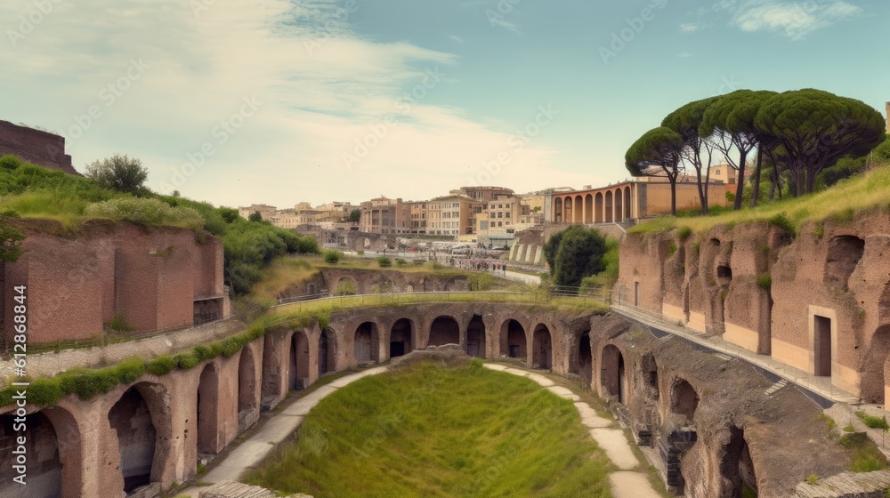 Panorama of Flavian amphitheater in Pozzuoli town, Naples, Italy, Generative AI