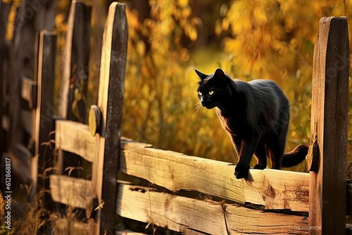 Black Cat Crossing Rustic Fence -ai generated photo