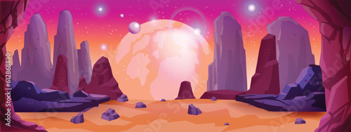 Game space background, vector alien planet landscape, cartoon fantasy red Mars desert view, rocks. UI parallax galaxy futuristic concept, cosmic sky, dry surface ground sand. Space star background