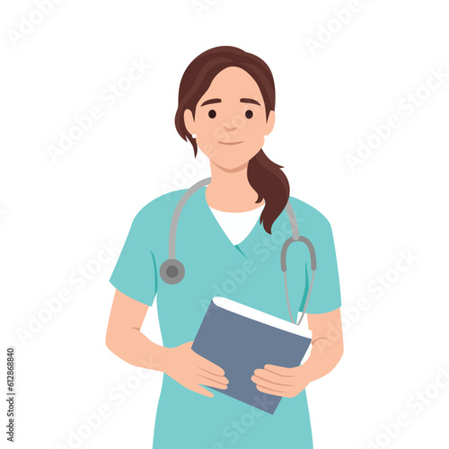 Young nurse in uniform holding notebook and pen to take notes, health worker intern woman standing and smiling. Flat vector illustration isolated on white background