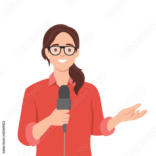 Journalist woman. Beautiful lady reporter holding microphone. Flat vector illustration isolated on white background