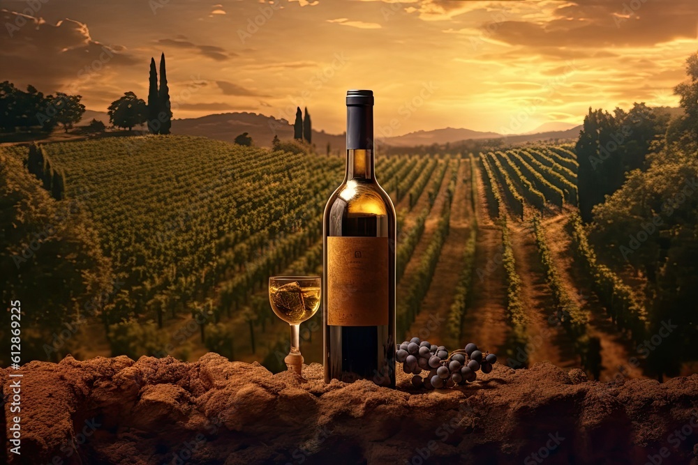 Wine Bottle with Vineyard Background -ai generated