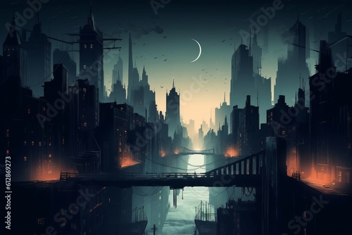 Concept art illustration of Gotham city at night  Generative AI